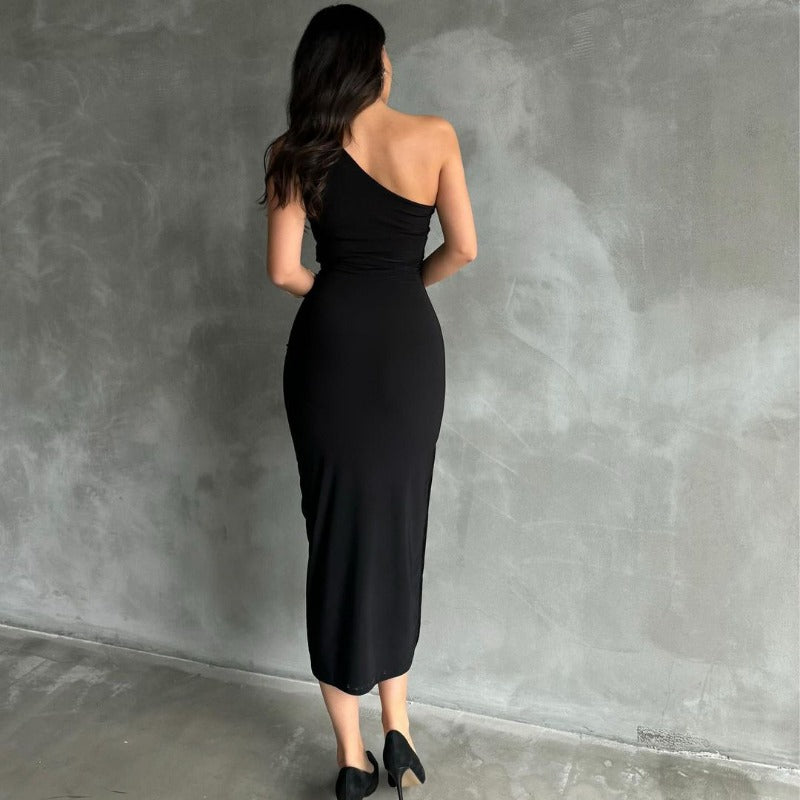 New One-Shoulder Solid Color Slit Sleeveless Sexy Slim-Fit Dress D1993369