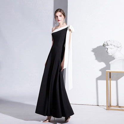 New 2024 Black One-Shoulder Elegant Socialite Evening Gown Slimming Maxi Dress for Summer  ltao678222889036