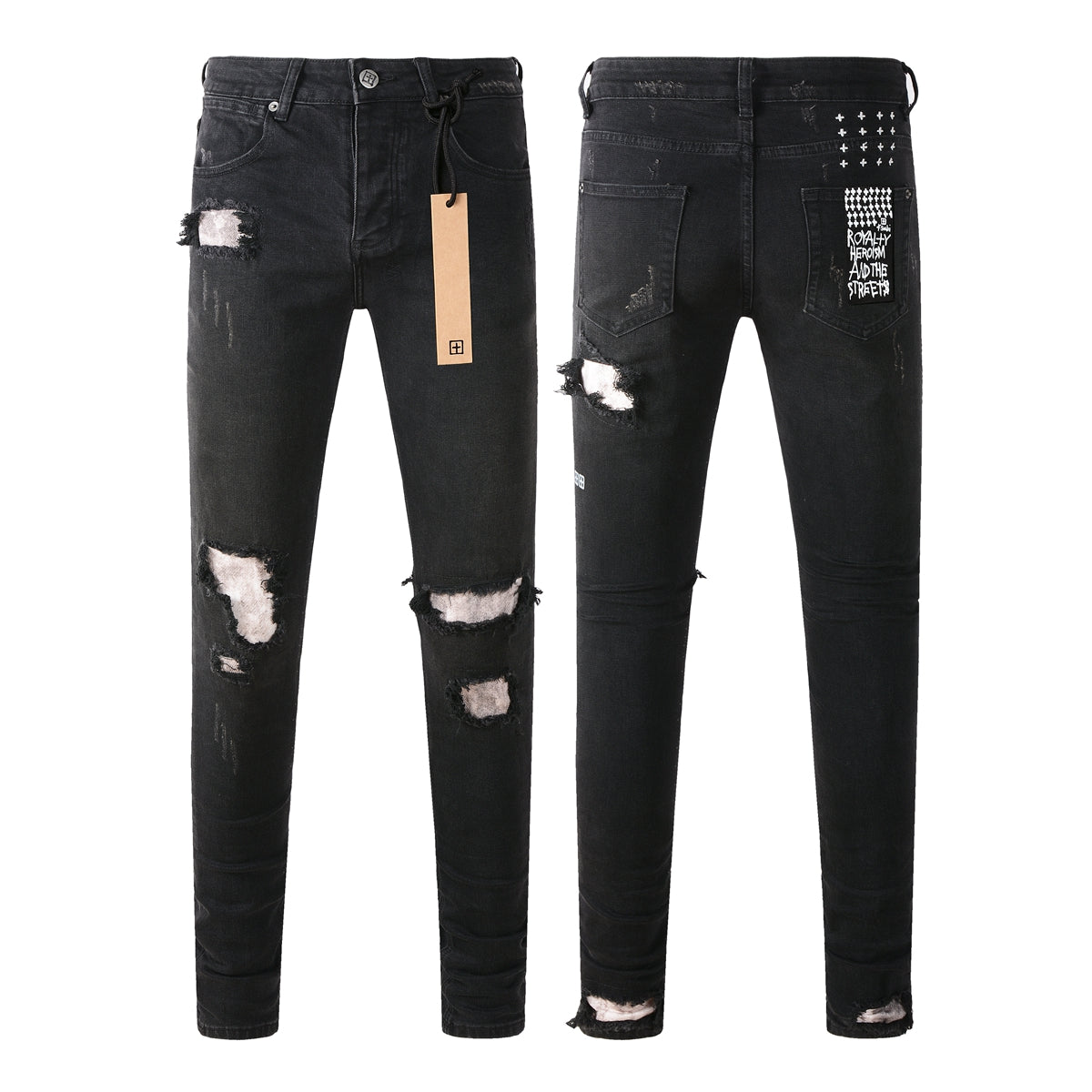 Slim Fit Black Jeans with Multiple Rips and Distressed Finish 3002