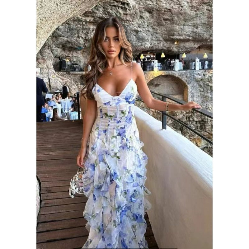 New 2024 Spring/Summer Off-Shoulder European and American Style Fashionable Chiffon Printed Ethereal Maxi Dress with Elegant Evening Gown Appeal