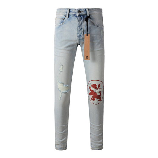 Classic Blue Ripped Jeans with Distressed Knees 3008