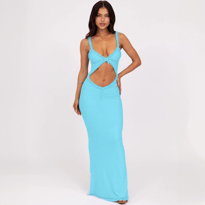 New Spaghetti Strap Ruffle Trim Sleeveless Crop Top Bodycon Maxi Dress D1993475