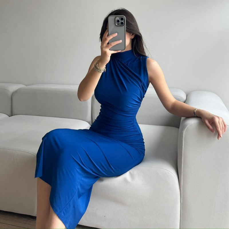 New Solid Color High-Waist Fitted Sexy Sleeveless Maxi Dress for Women D1993376