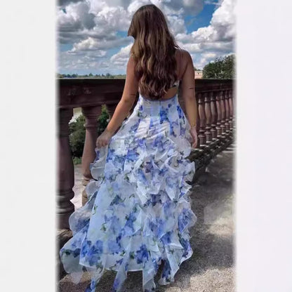 New 2024 Spring/Summer Off-Shoulder European and American Style Fashionable Chiffon Printed Ethereal Maxi Dress with Elegant Evening Gown Appeal