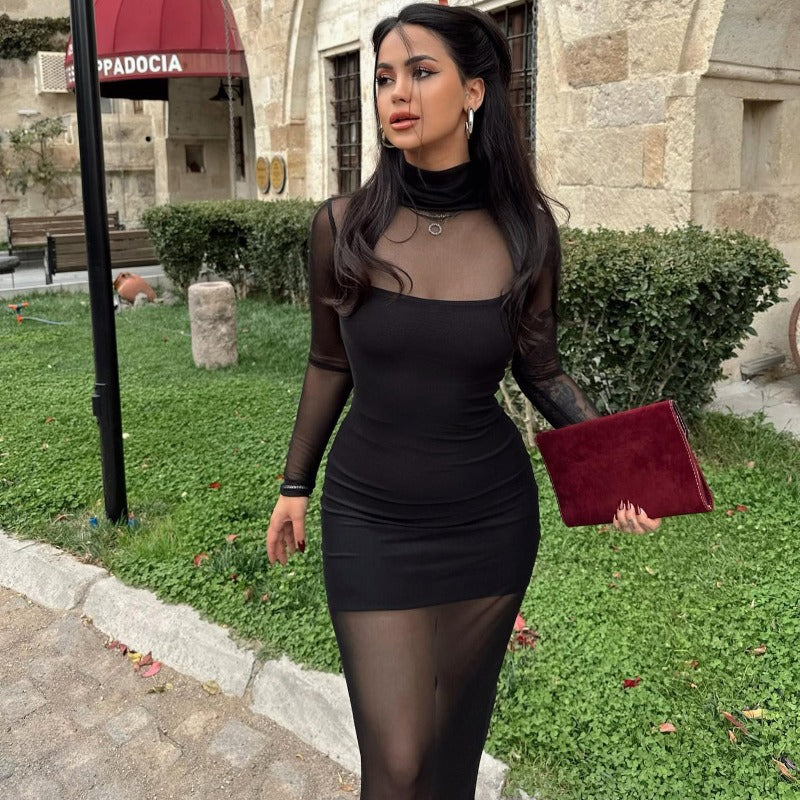 New Sexy Sheer Mesh Long-Sleeve Spaghetti Strap Dress Two-Piece Set D1992970