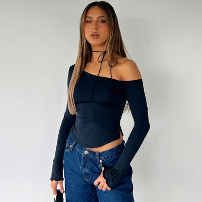 New Fashionable Solid Color Asymmetric Shoulder Fitted Off-Shoulder Sexy Long-Sleeve T-Shirt T1992727