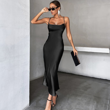 New Fashionable Back Tie Sleeveless Fitted Sexy Solid Black Bodycon Spaghetti Strap Dress D1993351