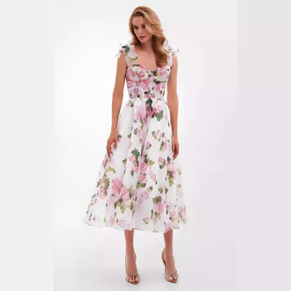 New 2024 Spring/Summer Off-Shoulder European and American Fashion Organza Ethereal Midi Dress with Elegant Evening Gown Appeal