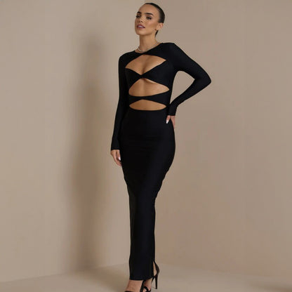 New Fashionable Hollow-Out Solid Color Long-Sleeve Fitted Crop Top Sexy Dress  D1992926