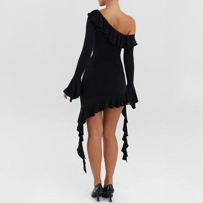 New Fashionable Asymmetric Neckline Fitted Backless Ruffled Edge Long-Sleeve Dress D1993133