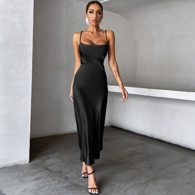 New Fashionable Back Tie Sleeveless Fitted Sexy Solid Black Bodycon Spaghetti Strap Dress D1993351