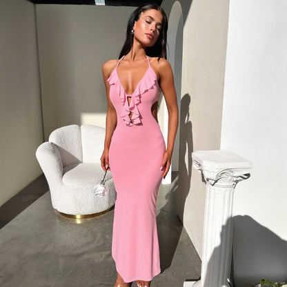 New Sexy Slim Fit Solid Halter Neck Strap Dress D1992874