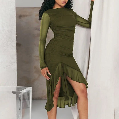 New Fashionable Sheer Mesh Patchwork Long-Sleeve Fitted Side-Slit Ruffled Edge Dress D1992860