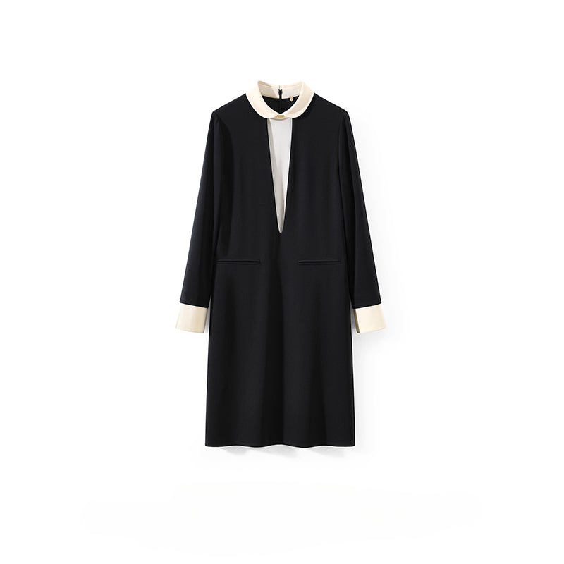 Little Black Dress Series 2024 Commuter Youthful Color-Block Acetate Long Sleeve Dress