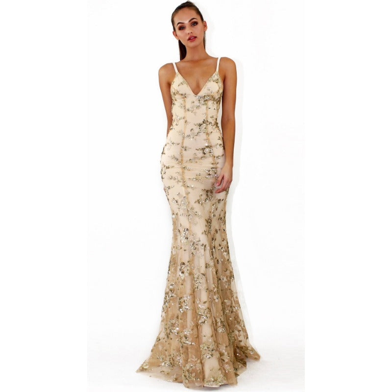 New Spaghetti Strap V-Neck Backless Sequin Tie-Back Gown yq799