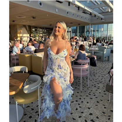 New 2024 Spring/Summer Off-Shoulder European and American Style Fashionable Chiffon Printed Ethereal Maxi Dress with Elegant Evening Gown Appeal