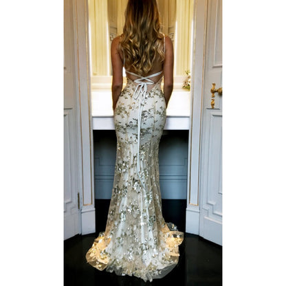 New Spaghetti Strap V-Neck Backless Sequin Tie-Back Gown yq799