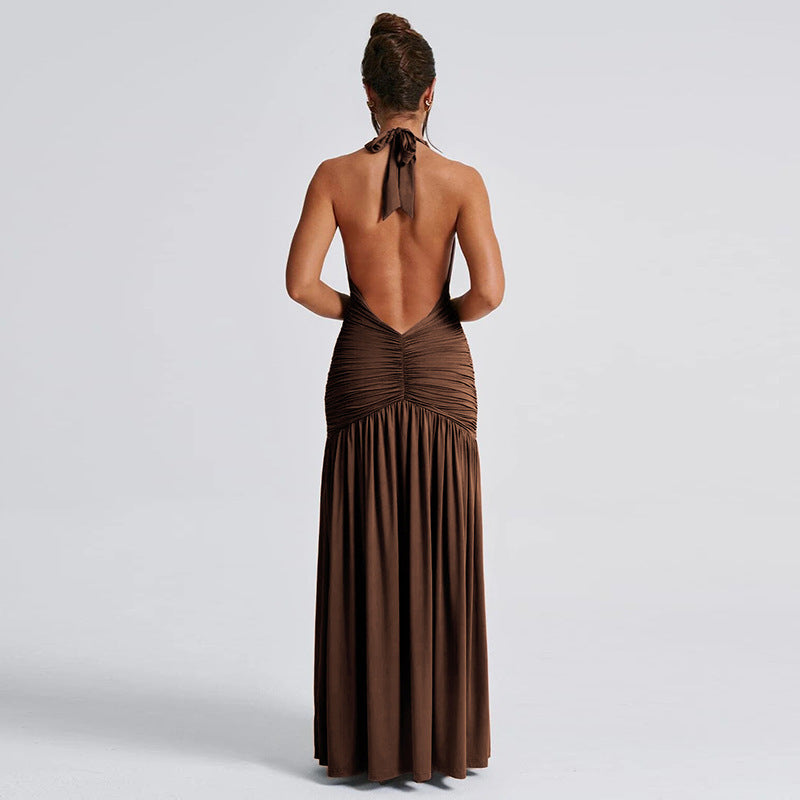 New Fashionable Sexy Fitted V-Neck Solid Color Halter Neck Dress with Side Slit for a Flirty Look D1993554