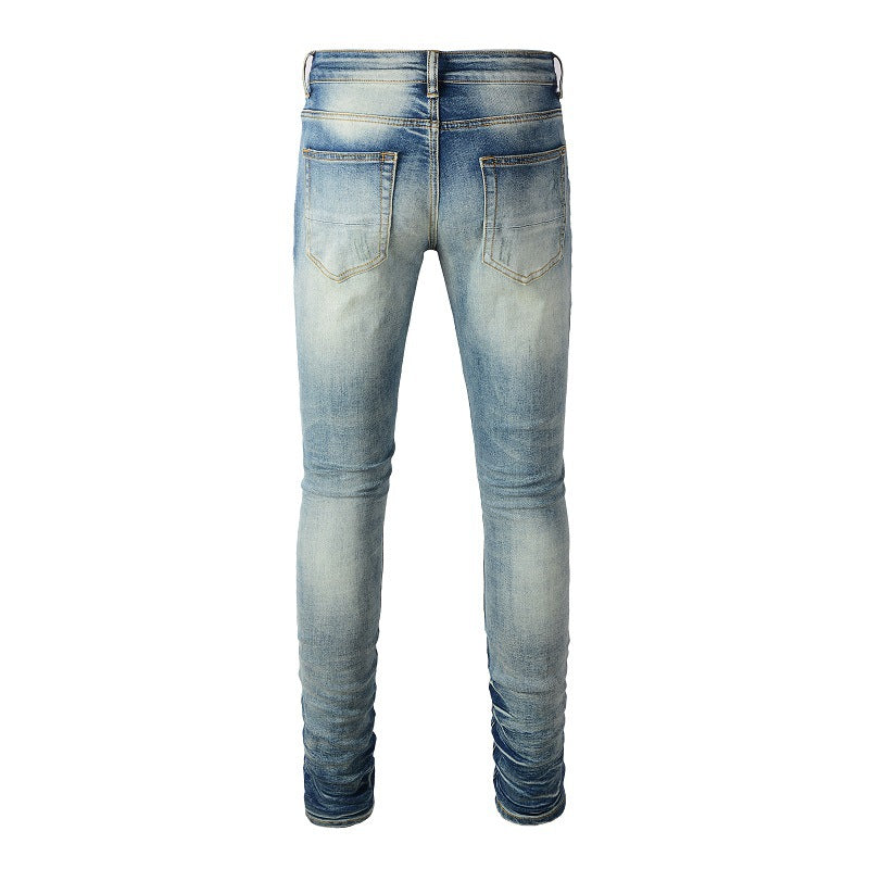 High Street Trendy Brand Ripped Color Patch Jeans Retro Men's Stretch Slim-Fit Jeans