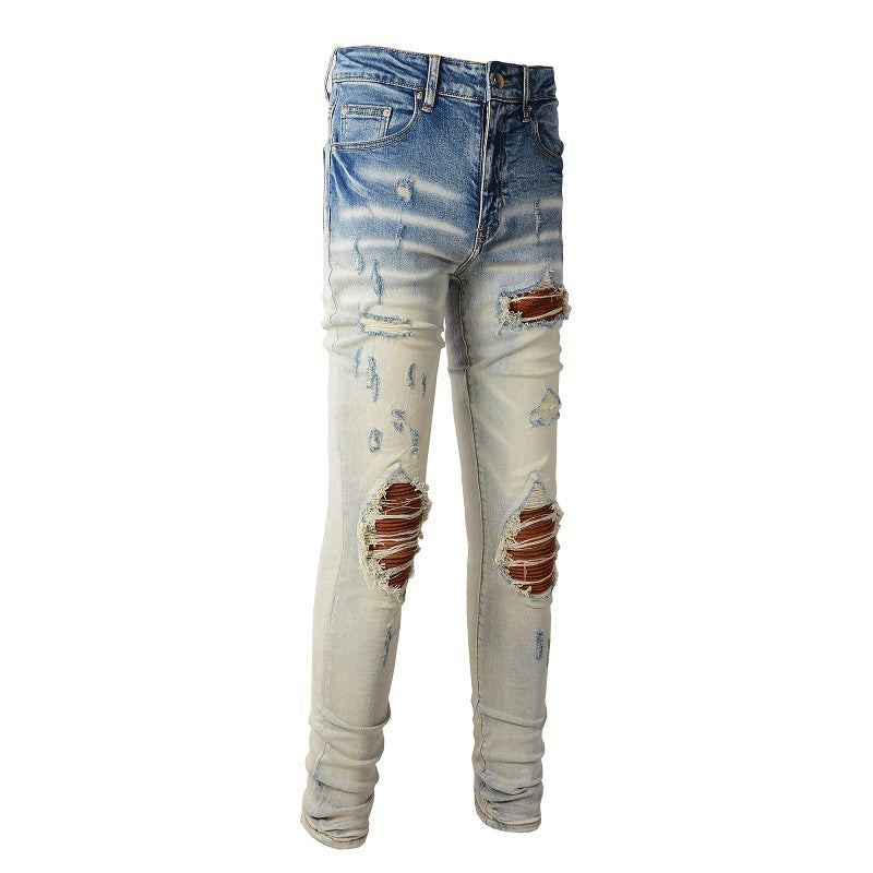 887 European and American Street Tide Ripped Patch Jeans High Street Tide Slim-fit Pants Jeans