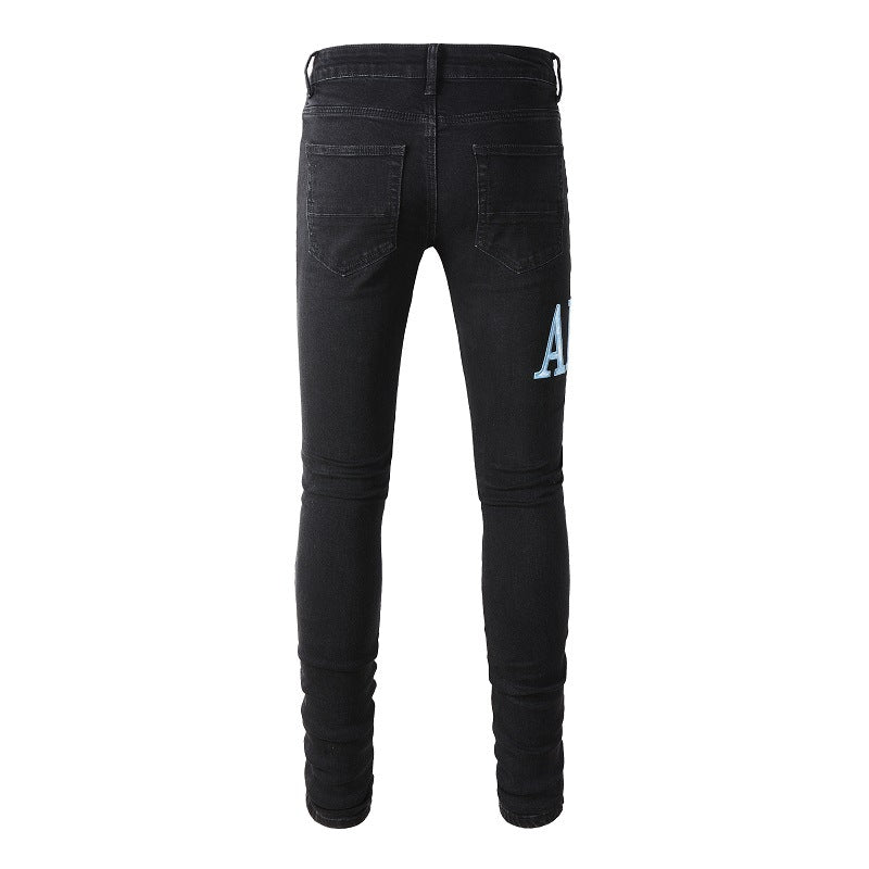 European and American High Street Jeans Men's Ripped Patch Slim and Thin Light Blue Pants #1315