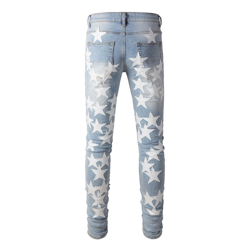 690 High Street Sticky White Star Trend Jeans High Craft Elastic Slim-Fit Small Foot Jeans