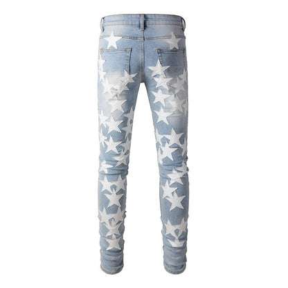 690 High Street Sticky White Star Trend Jeans High Craft Elastic Slim-Fit Small Foot Jeans 