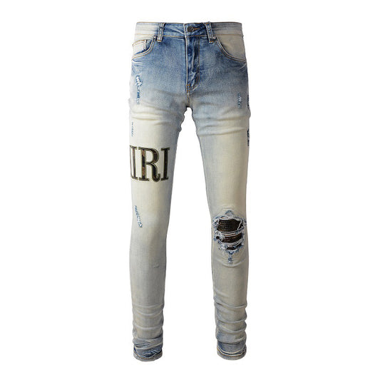 European and American Street Tide Hole Patch Letter Embroidery High Street Trendy Men Slim Pants Denim #878