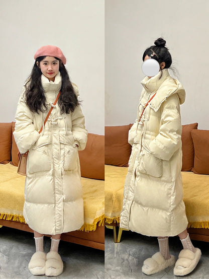 Down Jacket Horn Buckle Women's Long Winter Warm and Casual.