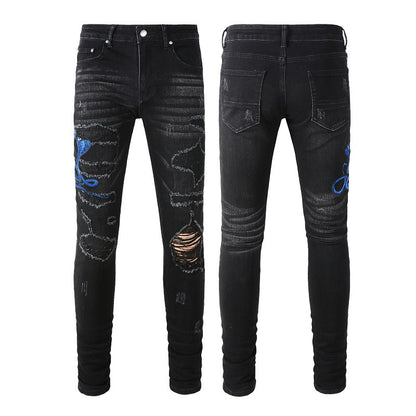 Street Trend Embroidery, A Patch, Small-footed Jeans, Men's Personalized Large-size Casual Pants #1345