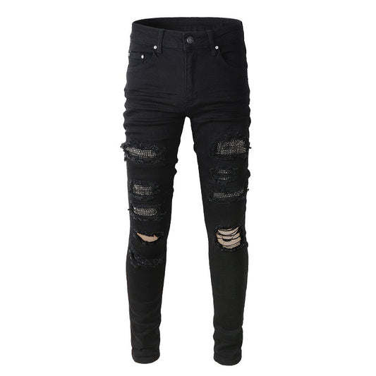 565 High Street Ripped Jeans Men's Ripped Diamond Elastic Slim Skinny High Street Jeans