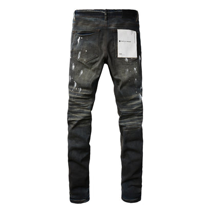 Mens Purple Ripped Jeans - Stylish Slim Fit Black Paint High Street Denim Pants