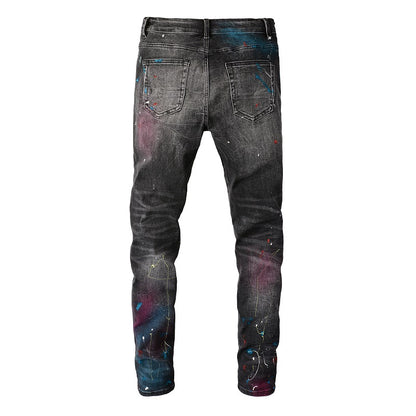 High Street Ripped Jeans Men's Ink Spray Paint Graffiti Jeans Elastic Men's Slim Jeans 5636