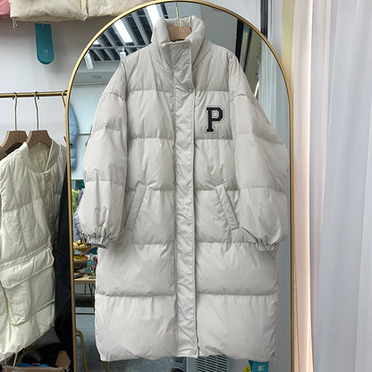 Down Jacket Women's Mid Length Loose Fitting Oversized White Duck Down in Winter