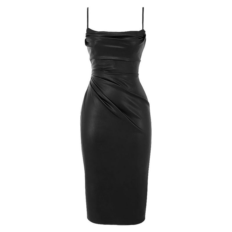 Sexy PU Leather Ruched Bodycon Dress with Straps for Nightclub and Party