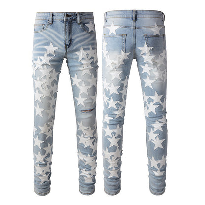 Jeans Pentagram Splicing Trend Jeans High Craft Elastic Slim High Street Jeans