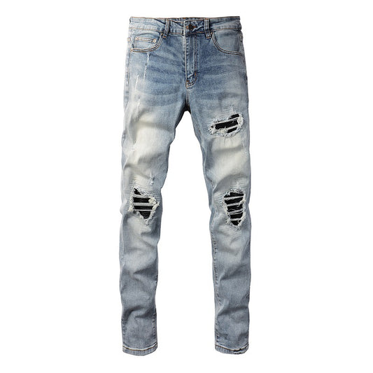 6667 High Street Trendy Brand Ripped Hole Patch Jeans Retro Men's Elastic High Street Jeans