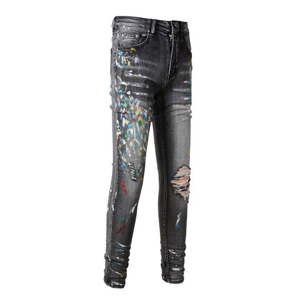 Trendy Brand Jeans Graffiti Splashing Ink Pattern Ripped Jeans Elastic Slim Denim #1303