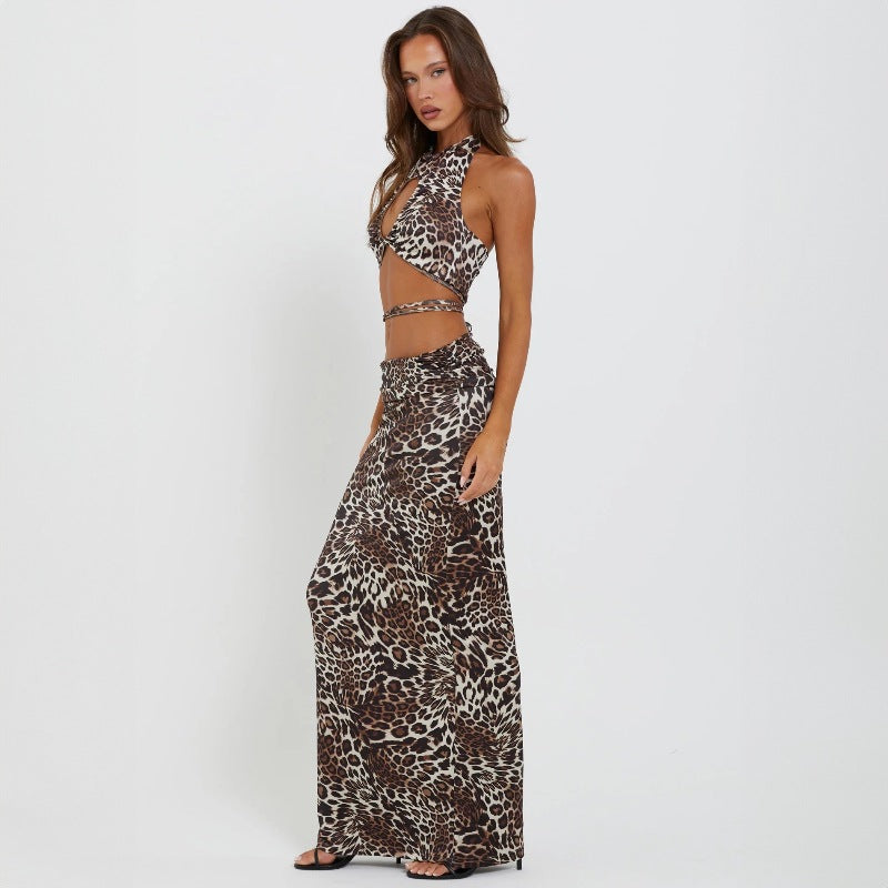 New Tie-Back Halter Sexy Sleeveless Backless Crop Top and Print Skirt Set S1993477