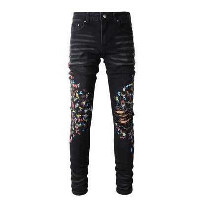 Pantalones casuales de mezclilla de calle de algodón microelástico para jóvenes, jeans ajustados con salpicaduras de pintura negra n.° 865 