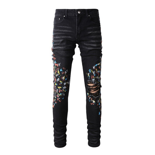 Street Denim Casual Trousers Micro-elastic Cotton Youth Black Paint-splashed Skinny Jeans #865