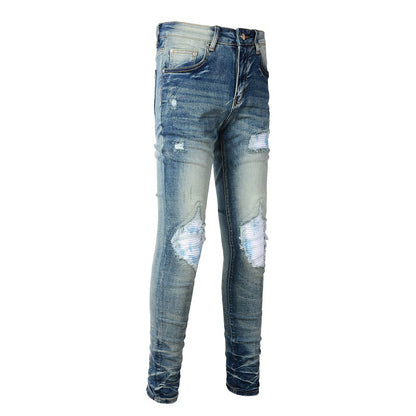 High Street Trendy Brand Ripped Color Patch Jeans Retro Men's Stretch Slim-Fit Jeans