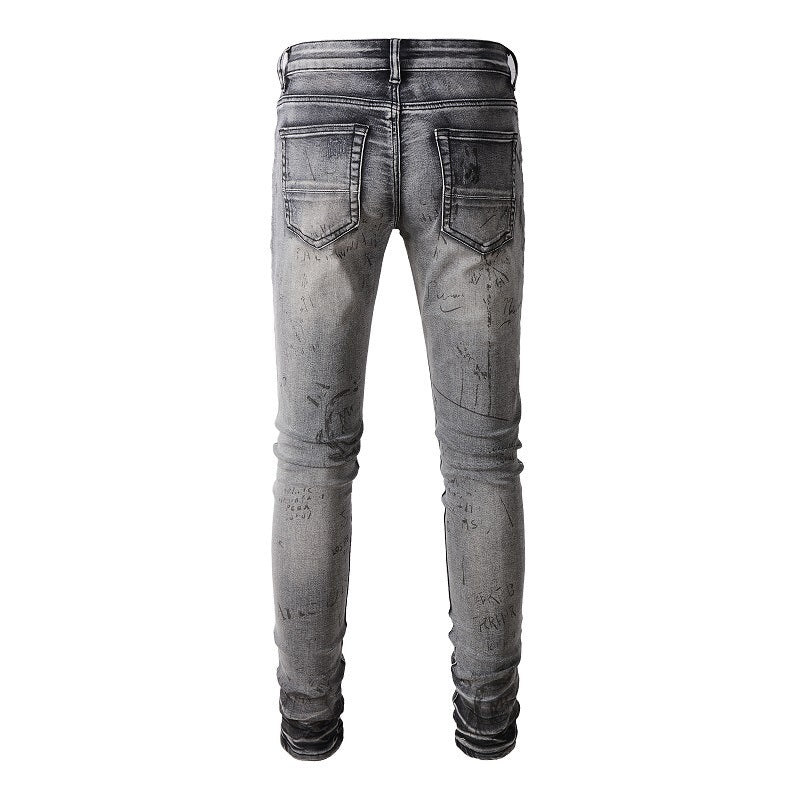 Street Denim Ripped Micro-elastic Cotton Youth Gray Paint-splashed Slim Jeans #879