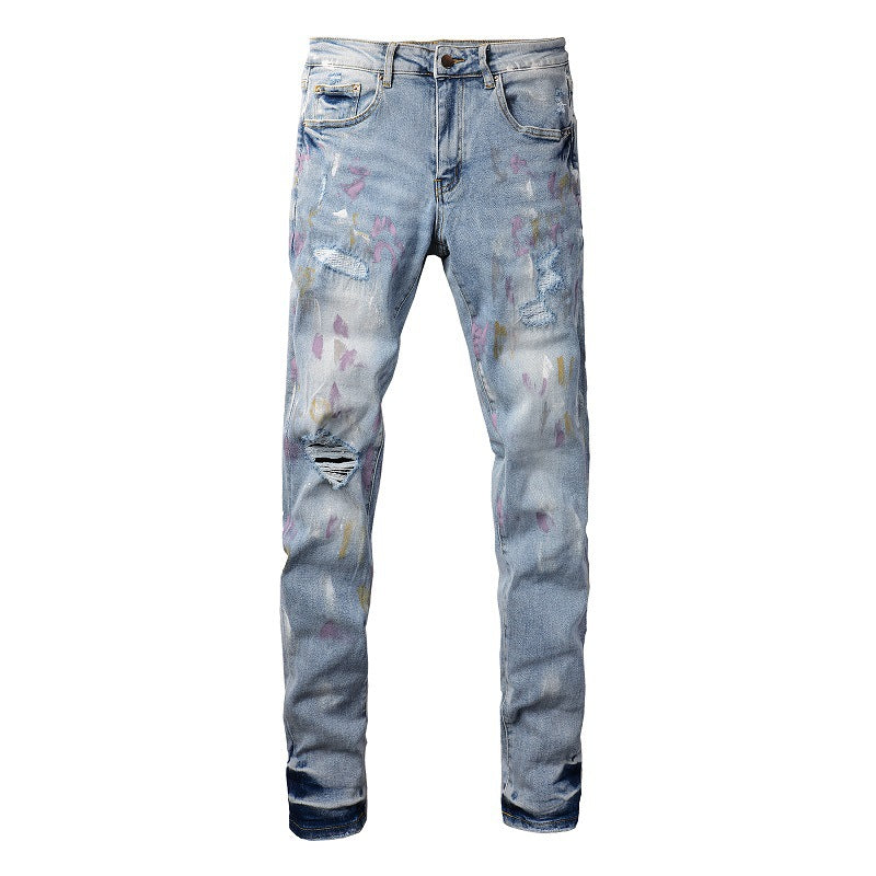 Trendy Brand Jeans Colorful Ink Splashing Graffiti Ripped Jeans Elastic Slim Denim #6901