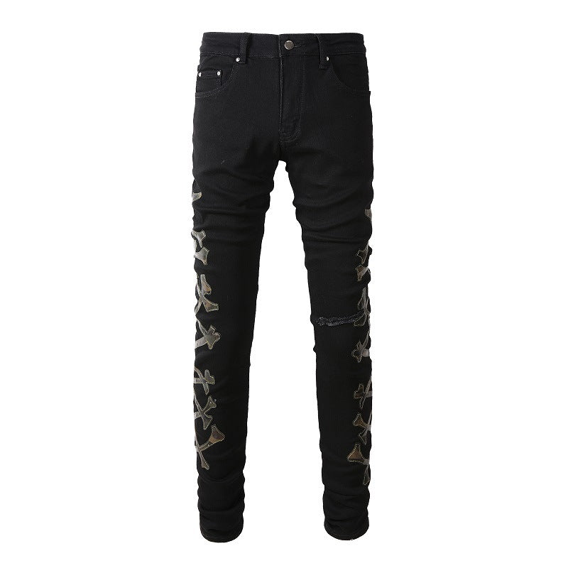 European and American Trendy Jeans Ripped Splicing Camouflage Leather Pattern Skinny Jeans #842