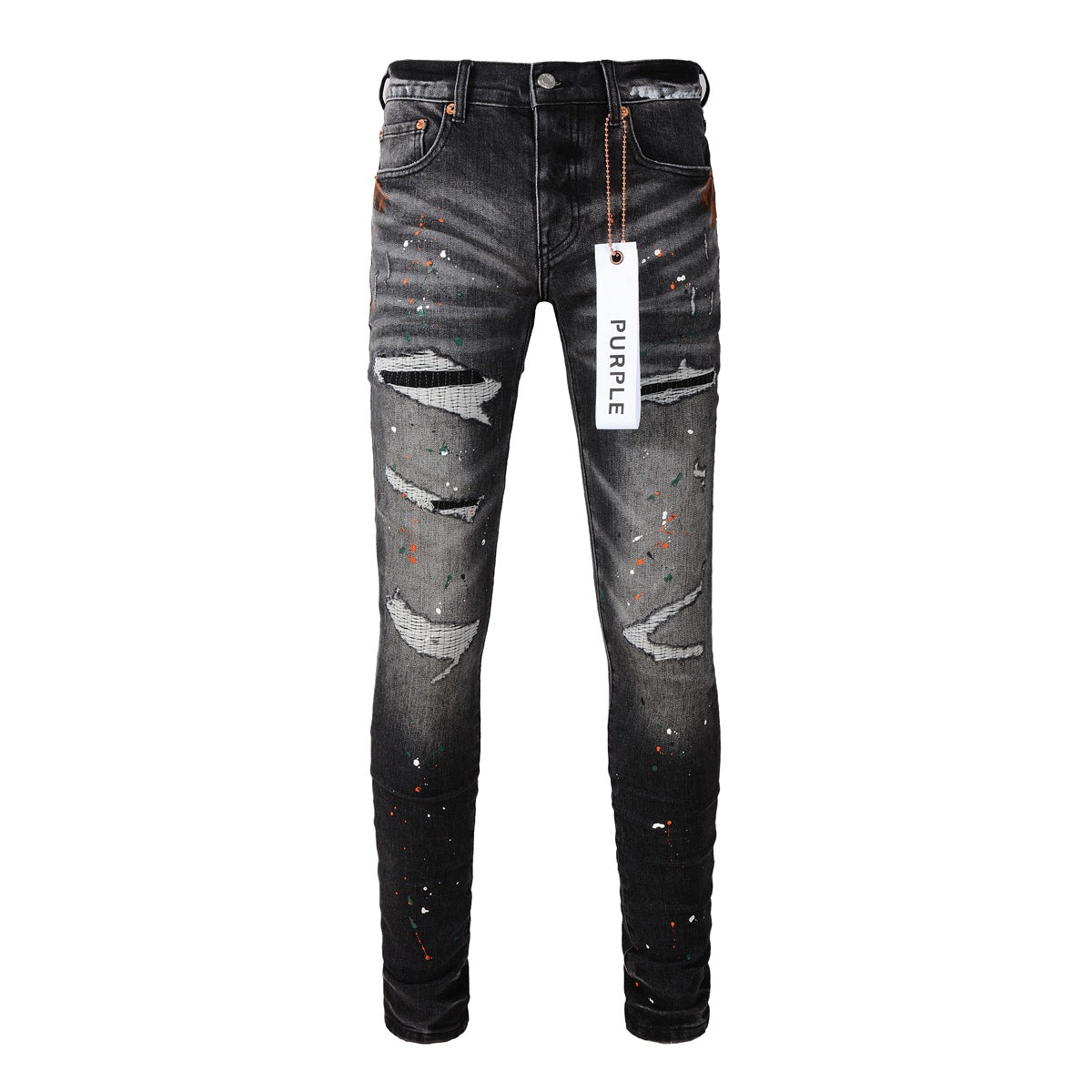 Mens New Black Grey Jeans - Urban Style with Unique Ripped Patches