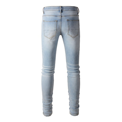 Foreign Trade High Street Denim Casual Trousers Micro-elastic Cotton Youth Blue Ripped Skinny Jeans