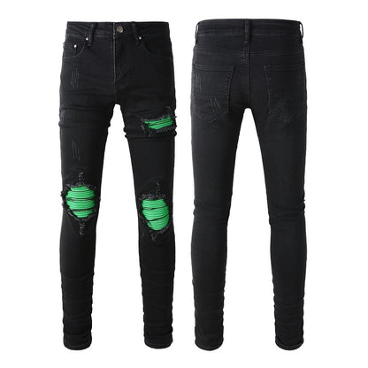 American Street Washing Process Green Patch Jeans Retro Men's Stretch Slim Jeans