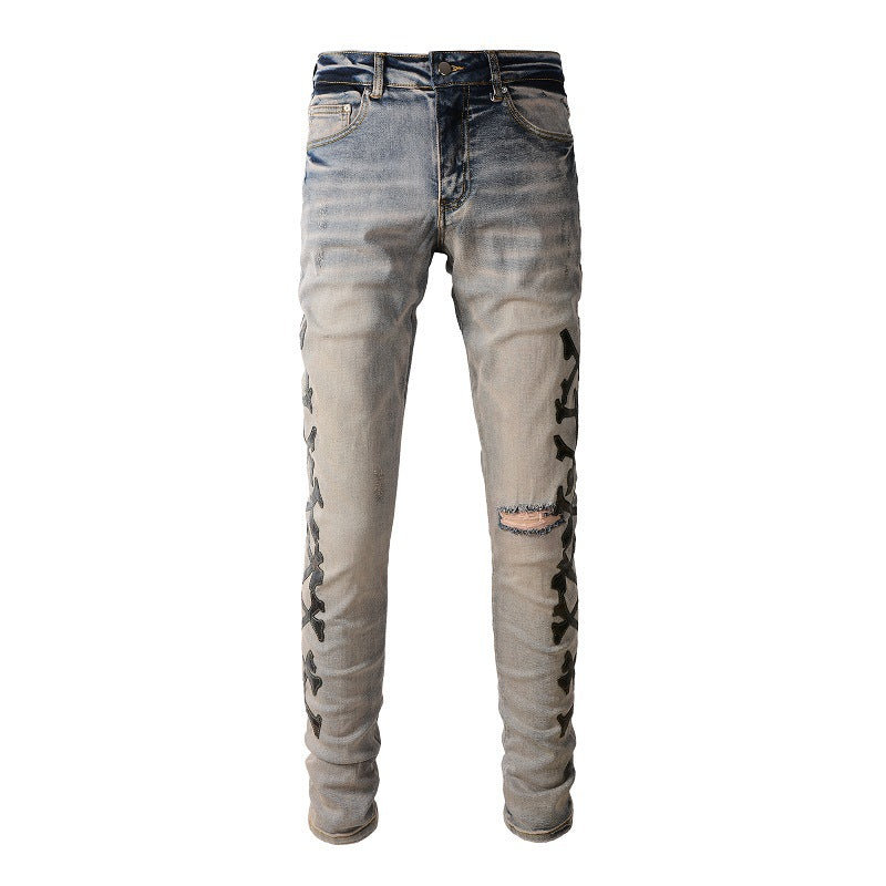 871 Trendy Jeans, Ripped Embroidered Bones, Skin Stickers, Elastic, Slim-fitting Small-footed Jeans