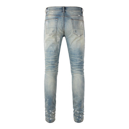 6530 Cross-border Jeans Trendy Brand Retro Paint Ripped Patch Men's Jeans Slim Fit